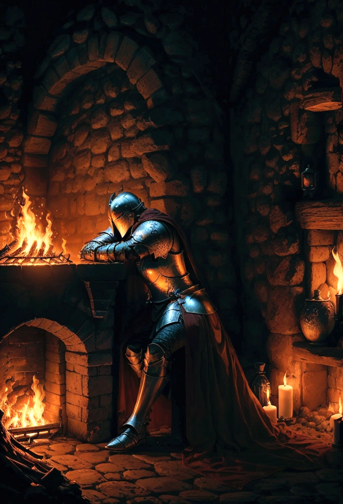 a knight resting in bonfire, high quality, masterpiece,, amazing lighting,