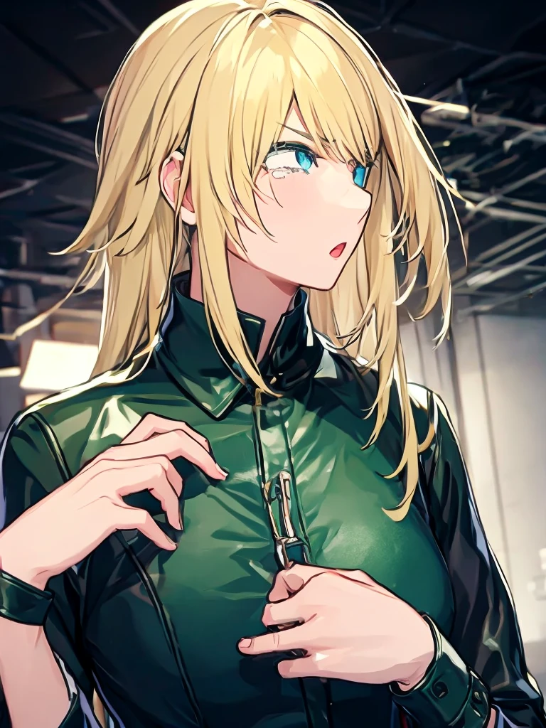 profile、Black Tears、Korean、1 girl、blonde、amount、Green Leather Shirt、Raise your collar、Look up、
