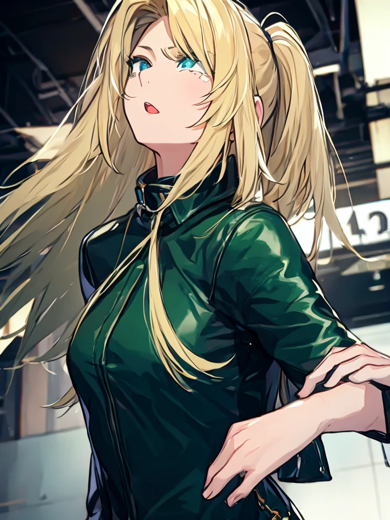 profile、Black Tears、Korean、1 girl、blonde、amount、Green Leather Shirt、Raise your collar、Look up、