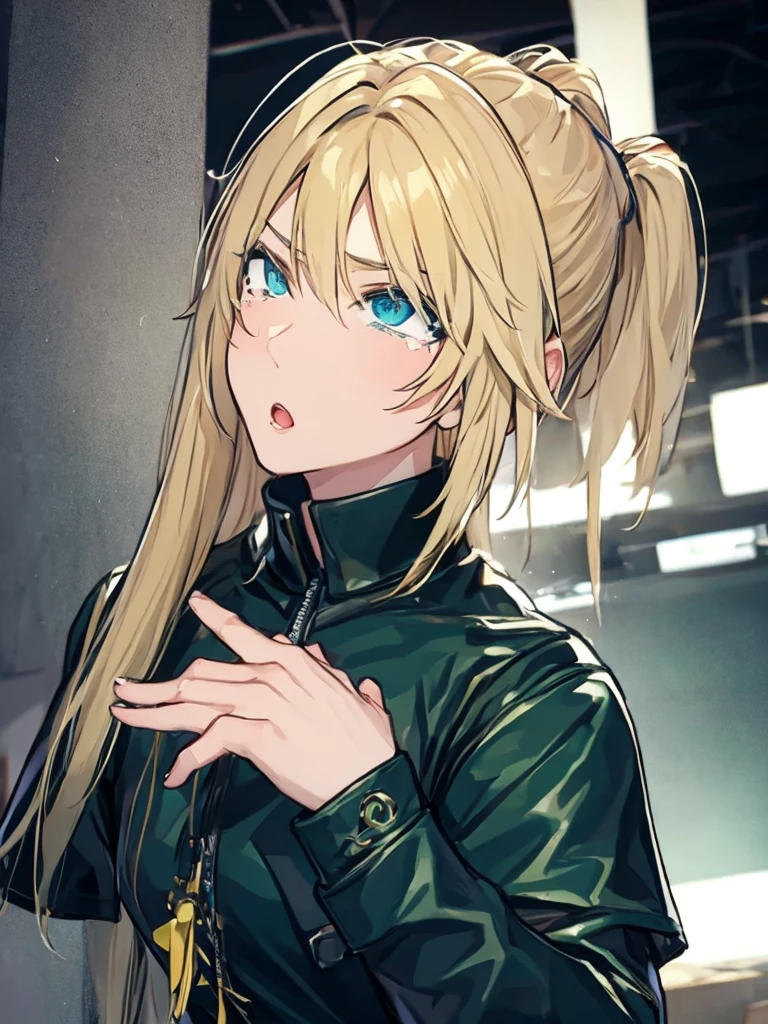 profile、Black Tears、Korean、1 girl、blonde、amount、Green Leather Shirt、Raise your collar、Look up、