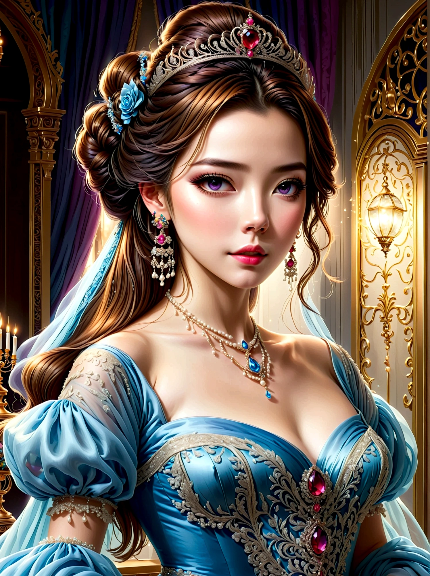 ((masterpiece))，Best quality，absurd，Ultra Detailed，(whole body:1.5)，Golden Ratio，Super cute and beautiful Asian idol girl，Very beautiful violet bright eyes，Beautiful colorful shiny brown hair，High Ponytail，good body shape，fit，Perfect body，(Wearing a stately and exquisite royal Cinderella court evening gown:1.5)，With huge puff sleeves and hourglass waist，adorned with bows，Embroidery and jewelry，Long white gloves，pearl necklace and earrings，Beautiful hair accessories，Dark theme elements, Pencil Sketch