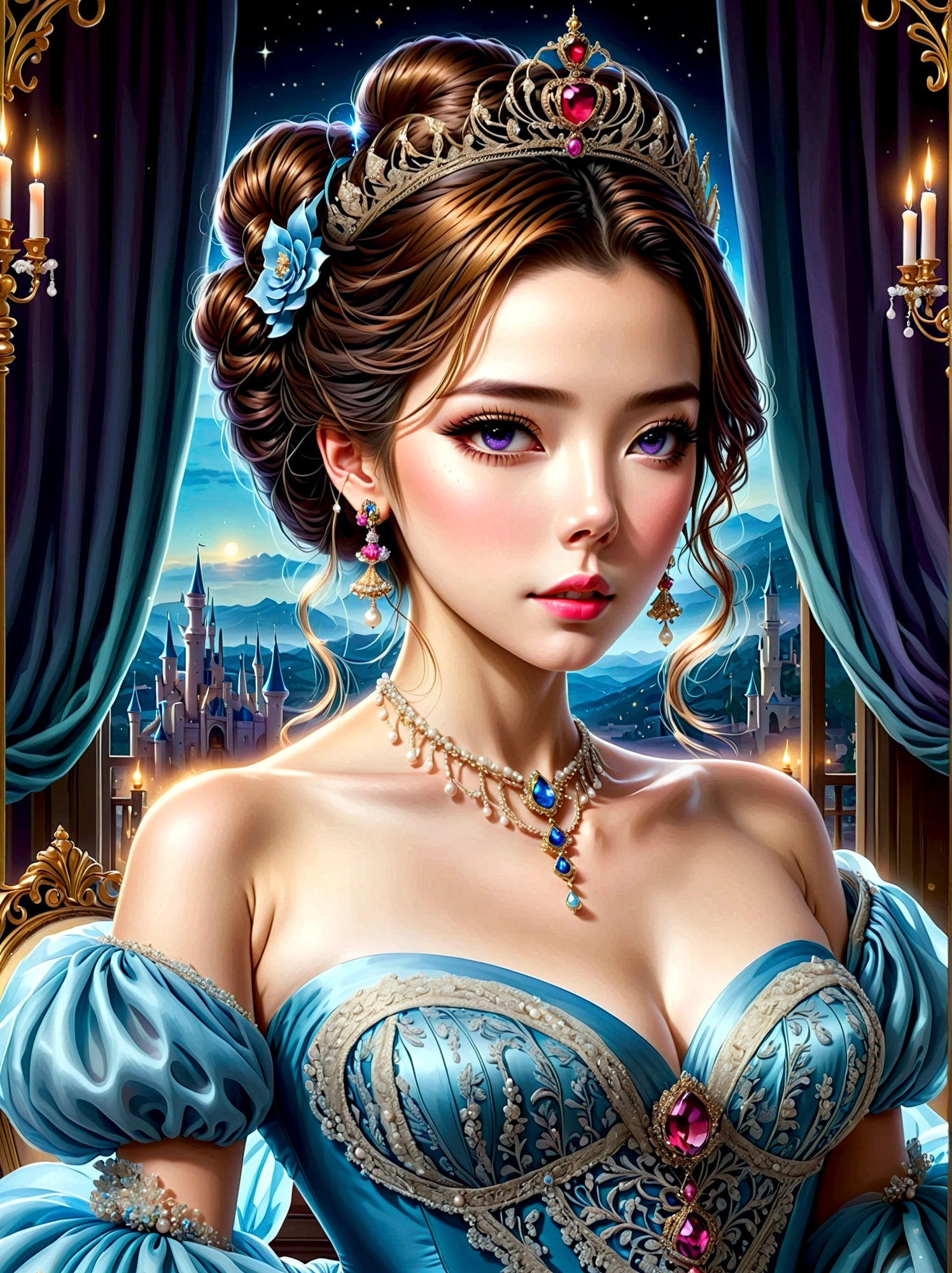 ((masterpiece)),Best quality,absurd,Ultra Detailed,(whole body:1.5),Golden Ratio,Super cute and beautiful Asian idol girl,Very beautiful violet bright eyes,Beautiful colorful shiny brown hair,High Ponytail,good body shape,fit,Perfect body,(Wearing a stately and exquisite royal Cinderella court evening gown:1.5),With huge puff sleeves and hourglass waist,adorned with bows,Embroidery and jewelry,Long white gloves,pearl necklace and earrings,Beautiful hair accessories,Dark theme elements, Pencil Sketch