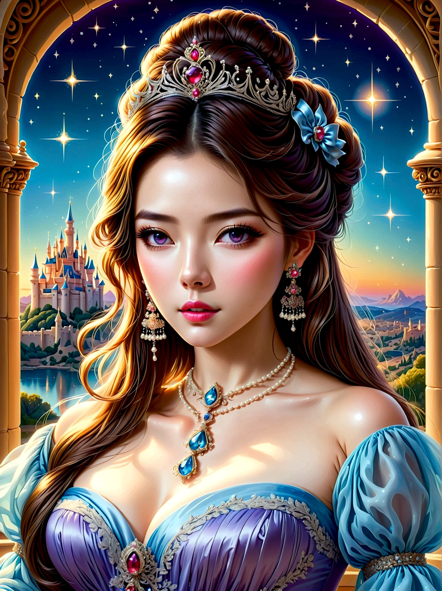 ((masterpiece)),Best quality,absurd,Ultra Detailed,(whole body:1.5),Golden Ratio,Super cute and beautiful Asian idol girl,Very beautiful violet bright eyes,Beautiful colorful shiny brown hair,High Ponytail,good body shape,fit,Perfect body,(Wearing a stately and exquisite royal Cinderella court evening gown:1.5),With huge puff sleeves and hourglass waist,adorned with bows,Embroidery and jewelry,Long white gloves,pearl necklace and earrings,Beautiful hair accessories,Dark theme elements, Pencil Sketch