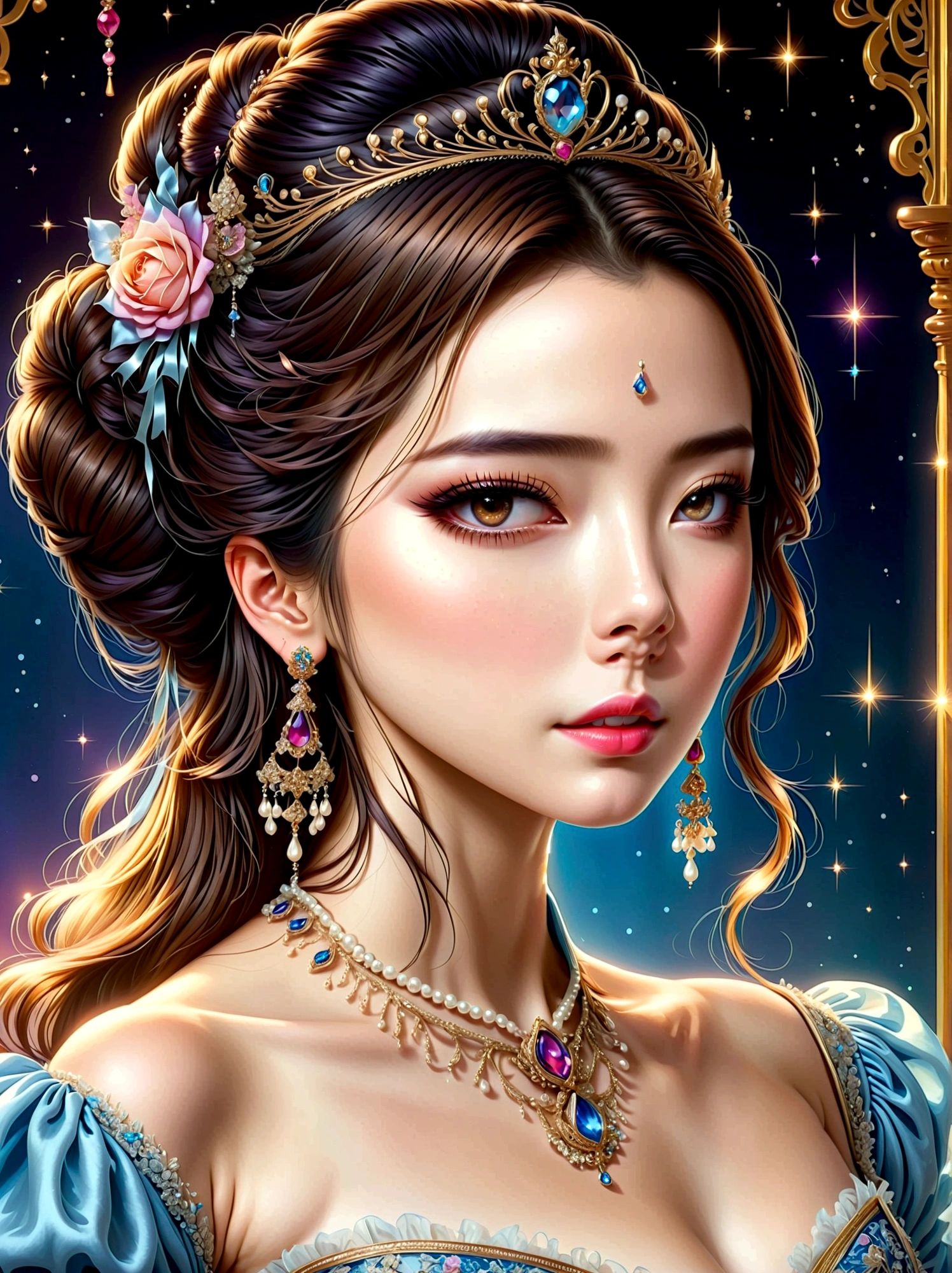 ((masterpiece)),Best quality,absurd,Ultra Detailed,(whole body:1.5),Golden Ratio,Super cute and beautiful Asian idol girl,Very beautiful violet bright eyes,Beautiful colorful shiny brown hair,High Ponytail,good body shape,fit,Perfect body,(Wearing a stately and exquisite royal Cinderella court evening gown:1.5),With huge puff sleeves and hourglass waist,adorned with bows,Embroidery and jewelry,Long white gloves,pearl necklace and earrings,Beautiful hair accessories,Dark theme elements, Pencil Sketch