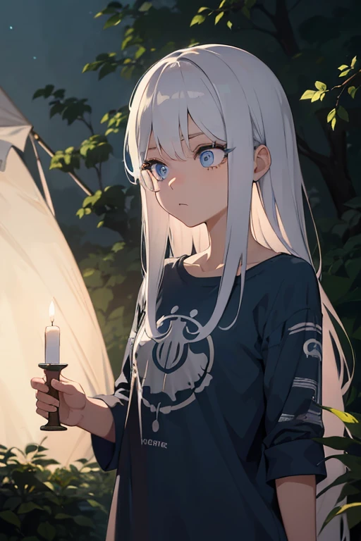 1 girl, Cute, Small, silver hair, blue eyes long eyelashes, frightened, in a long camouflage T-shirt over a naked body, get up, holding a lit candle, Nighty night, the forest, tent, темный the forest, Dim lighting, faded tones..