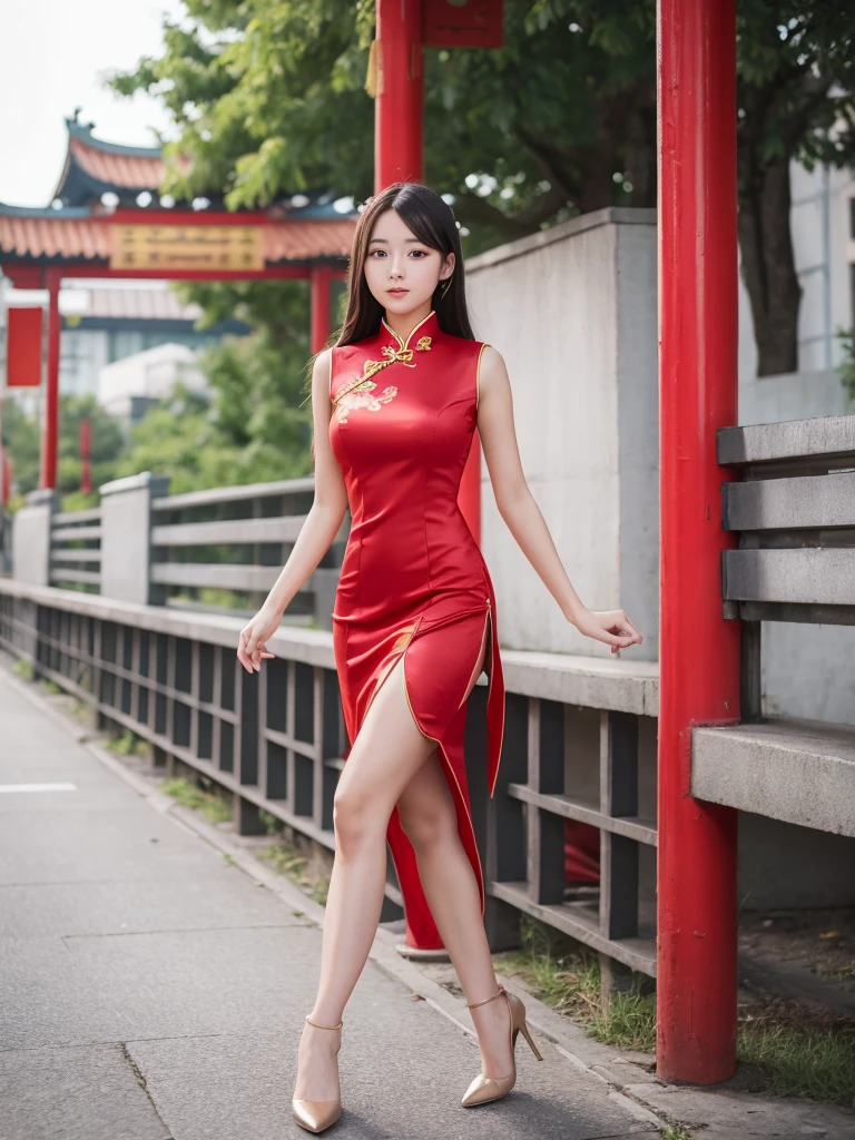 High school girl, Chinese dress, slit, tall, beautiful legs