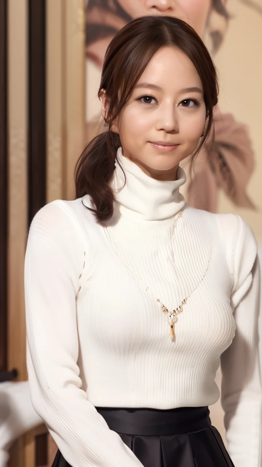 nsfw:1.5, ((one girl, Bust Shot:1.5)),(Black long skirt, White turtleneck sweater:1.5), (Handbags, Japanese style room background:1.2),8k, (A woman who is 155 cm tall, brush face),(Side ponytail hair:1.2), Tabletop, RAW Photos, Highest quality, Realistic, Highly detailed CG Unity 8k wallpaper, Depth of written boundary, Cinematic Light, Lens flare, Ray Tracing, (Very beautiful face, Beautiful Lips, Beautiful Eyes), Exquisitely detailed face, ((Highly detailed skin)) One Girl, In the Dark, Deep Shadow, Cute Japanese Girl, ((1 Girl)), (Very slim, lean and muscular body:1.3), ((The whole body is facing upwards:1.3)),((View your viewers)),(A shy smile:1.3),(Blurred Background),(No people in the background:1.3), Clear Eyes, (Pale skin), (Big eyes),(Brown Hair),D cup breasts