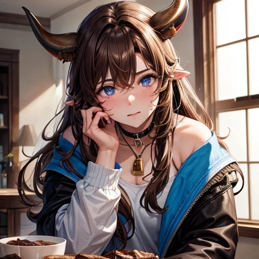 Brown-haired minotaur eating beef　Blue-eyed beautiful boy　　Cow horn　Cow earless