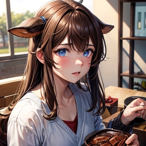 Brown-haired minotaur eating beef Blue-eyed beautiful boy Cow horn Cow earless