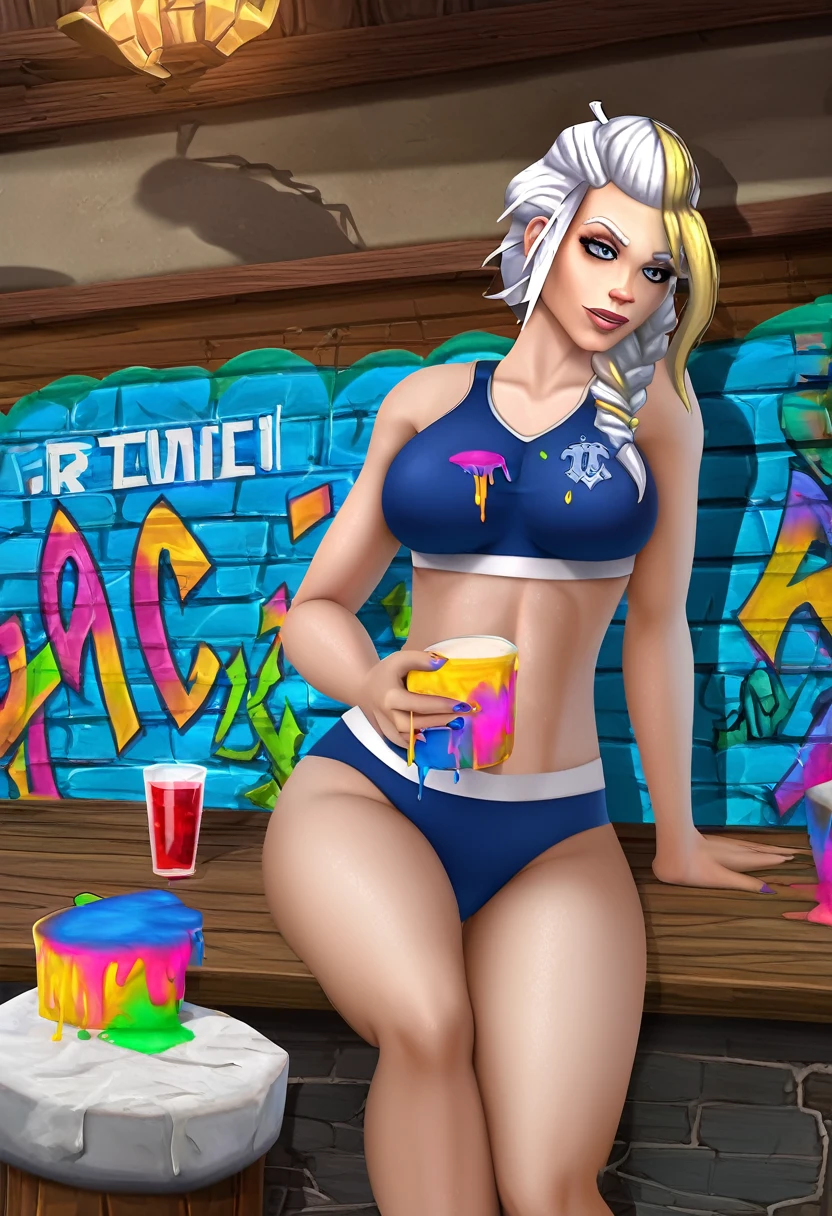 Jaina proudmoore, Jaina sitting in bar, (best quality), masterpiece, extremely detailed CG uniform 8K illustration, high color, extremely high color saturation, all colors deepened, paint, graffiti art, center composition, extremely detailed light and shadow, graffiti wall, wall painted bright, 1 girl graffiti 1 girl looking at the wall, extremely detailed face and eyes, medium length hair, sportswear, colored clouds