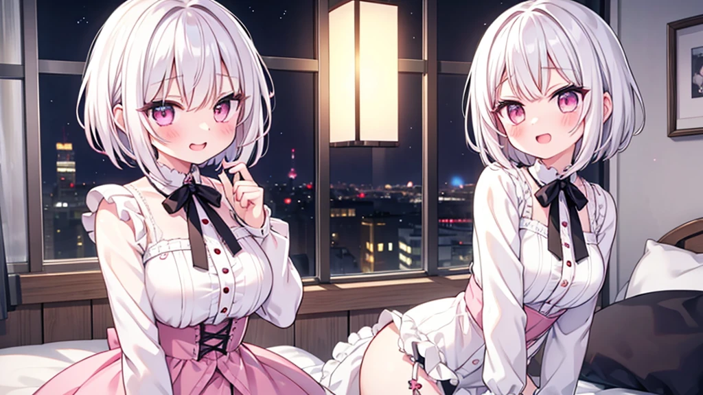 White Hair Girl、Pink Eyes、Short Hair、Only one girl、Night、In the bedroom、Blushing、laughing、Excited