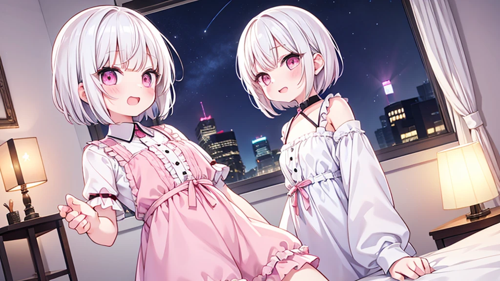 White Hair Girl、Pink Eyes、Short Hair、Only one girl、Night、In the bedroom、Blushing、laughing、Excited