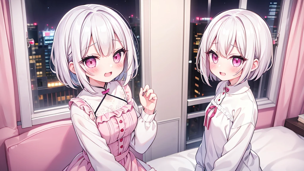 White Hair Girl、Pink Eyes、Short Hair、Only one girl、Night、In the bedroom、Blushing、laughing、Excited