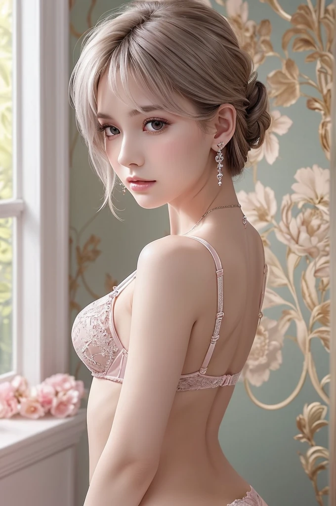 pink lace thong&bra, (((Very elegant and beautiful, Perfect detail, Super detailed))), whole body, The most detailed girl, Depth of written boundary, 美しく詳細なwhole body, Thin legs, 1 girl, 30 years old, Very short hair, Spiked Hair, Gray and silver hair, Beautiful detailed hair, Perfect Face, Expressionless, Beautifully detailed deep eyes, Open your mouth a little, Delicate arms and hands, Pale skin, Earrings, Beautiful and gorgeous necklace, Colorful background, HD background, Blurred Background, Very delicate and beautiful, Masterpiece, (((Highest quality, Very beautiful 8K CG wallpaper))), (((Trendy hairstyles))), (Inside the room,Stylish interior,window),