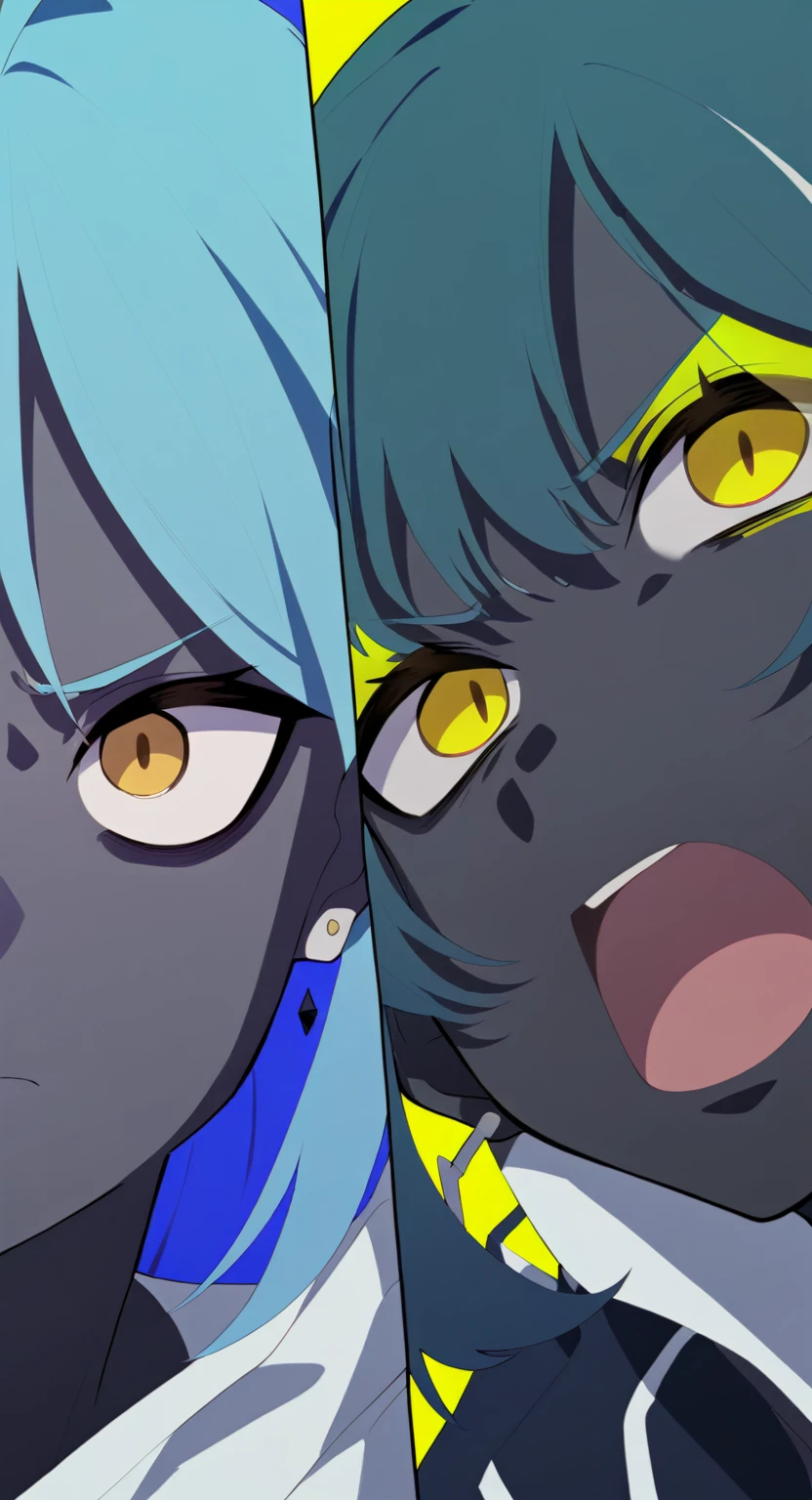 Black Skin、Yellow Eyes、girl、Ahoge、girl、cool、Blue Hair、Slanted Eyes、Earrings
