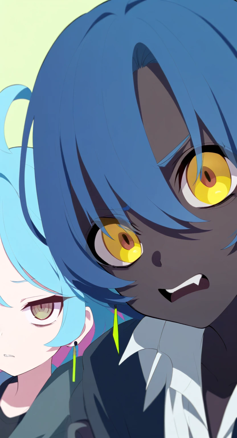 Black Skin、Yellow Eyes、girl、Ahoge、girl、cool、Blue Hair、Slanted Eyes、Earrings