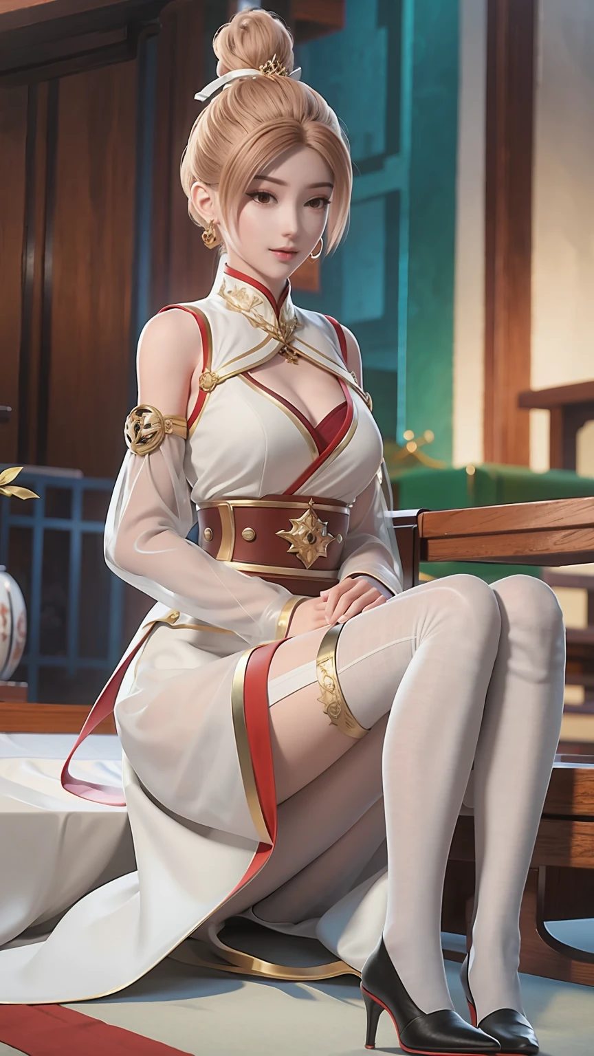 best quality,masterpiece,The Ultimate Solution,Fluffy,Extremely colorful,Mature beautiful woman,(Dress school uniform),Lace skirt,(Beautiful woman beheaded),Normal posture,(Kneeling),Kneeling on the bed,shackles,Beheading,collar,White stockings ,High heel,Normal posture