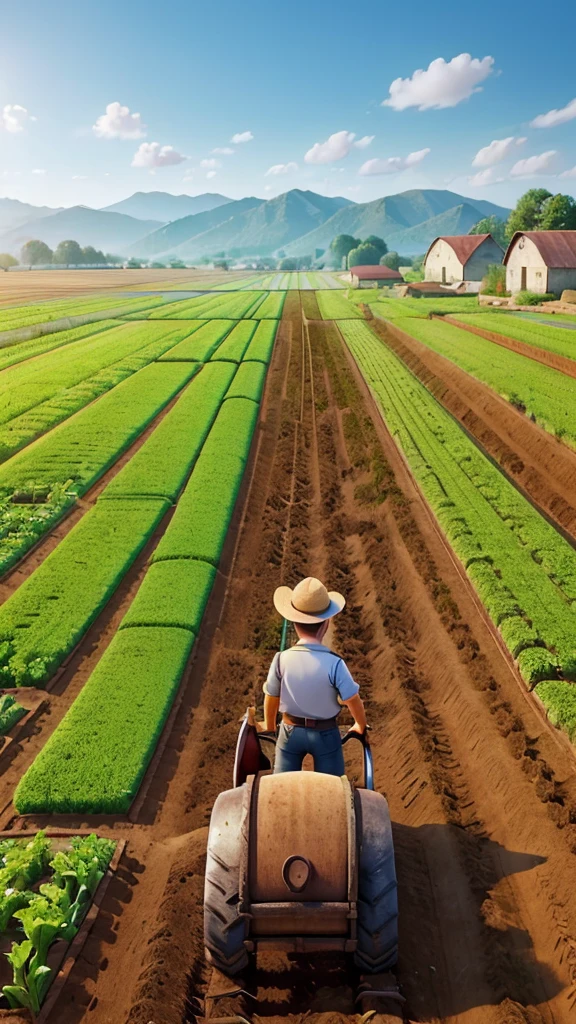 (Morning time, the farmer is working in his small farm. He is ploughing and growing vegetables in the field.)