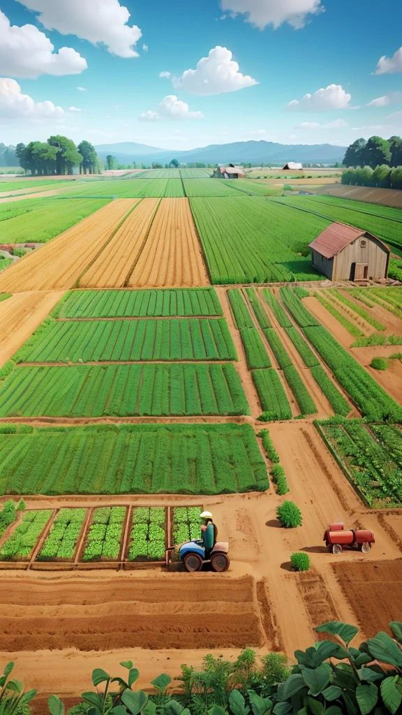 (Morning time, the farmer is working in his small farm. He is ploughing and growing vegetables in the field.)