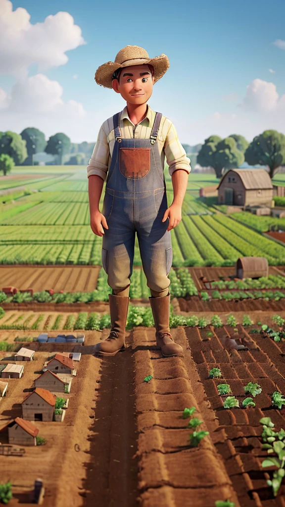 (Morning time, the farmer is working in his small farm. He is ploughing and growing vegetables in the field.)