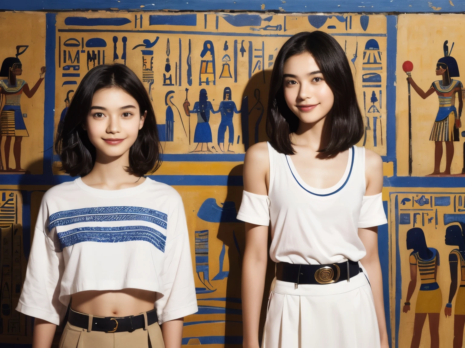 245 Inside the mural２people々々々々々々(An 18-year-old female and an 18-year-old male), short hair,kind, lipstick, Egyptian civilization, Waist belt, Hieroglyphics, smile