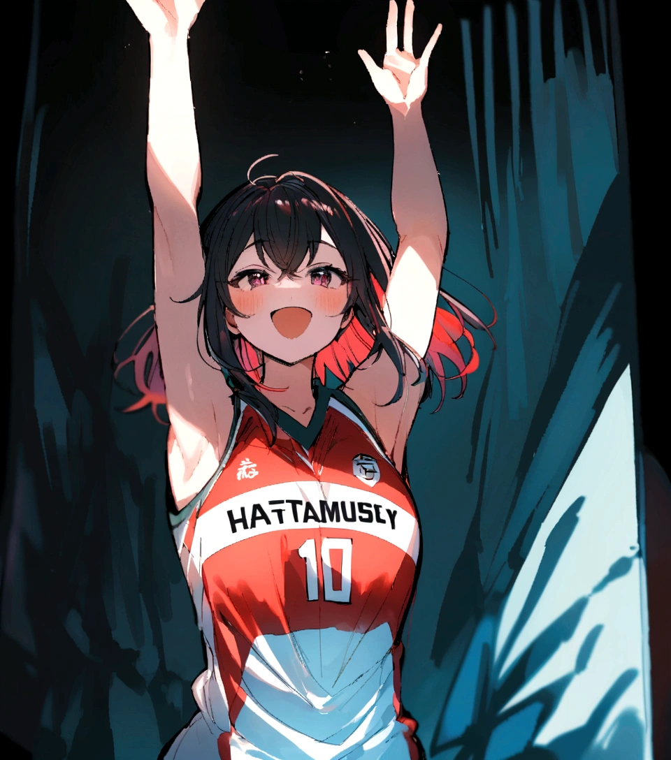 There is a woman standing up with her arms in the air, Wearing a volleyball jersey, kimi takemura, Shot with Sony A7, Pause(Raise the hand + Happy), most strongest Pause, with Raise the hand, Kazue Kato