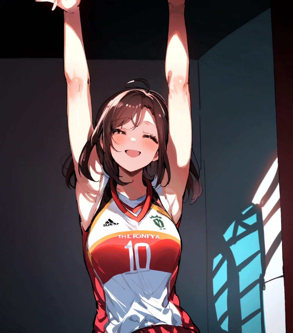 There is a woman standing up with her arms in the air, Wearing a volleyball jersey, kimi takemura, Shot with Sony A7, Pause(Raise the hand + Happy), most strongest Pause, with Raise the hand, Kazue Kato