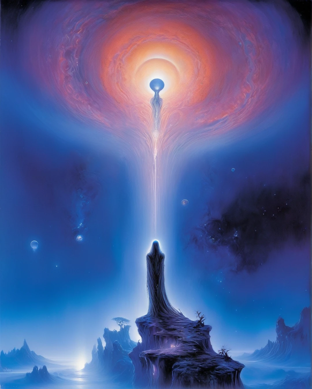 In the style of Luis Royo, fine art oil painting, extreme close-up, surreal fantasy, chiaroscuro lighting, no frame: Depict an enigmatic alien being standing in an otherworldly landscape bathed in the eerie glow of multiple moons. The alien, with sleek, bioluminescent skin that shimmers in vibrant, fully saturated colors, has an elegant, elongated form and intricate, otherworldly patterns adorning its body. The environment features surreal, crystalline structures and floating islands, with strange, luminescent plants and swirling mist adding to the fantastical atmosphere. The background reveals a sky filled with swirling nebulae and distant galaxies, casting an ethereal light over the scene. The mood is one of mystery and wonder, with a dynamic and vibrant atmosphere created by the intense, rich colors. The composition is meticulously detailed, with a focus on the interplay of light and shadow, creating a sense of depth and dimension. Reflections on the crystalline structures and the alien's skin enhance the immersive quality of the painting. Avoid excessive gore or violence, sexualized or provocative imagery, and any elements that detract from the awe-inspiring and exploratory atmosphere of the scene.,.... (best quality,4k,8k,highres,masterpiece:1.2),ultra-detailed,(realistic,photorealistic,photo-realistic:1.37),alternative reality,telepathic,psychic powers,mind reading,third eye,mind bending,intense gazing,parallel universe,Yoshitaka Amano style,dreamlike,fantasy,vivid colors,soft lighting