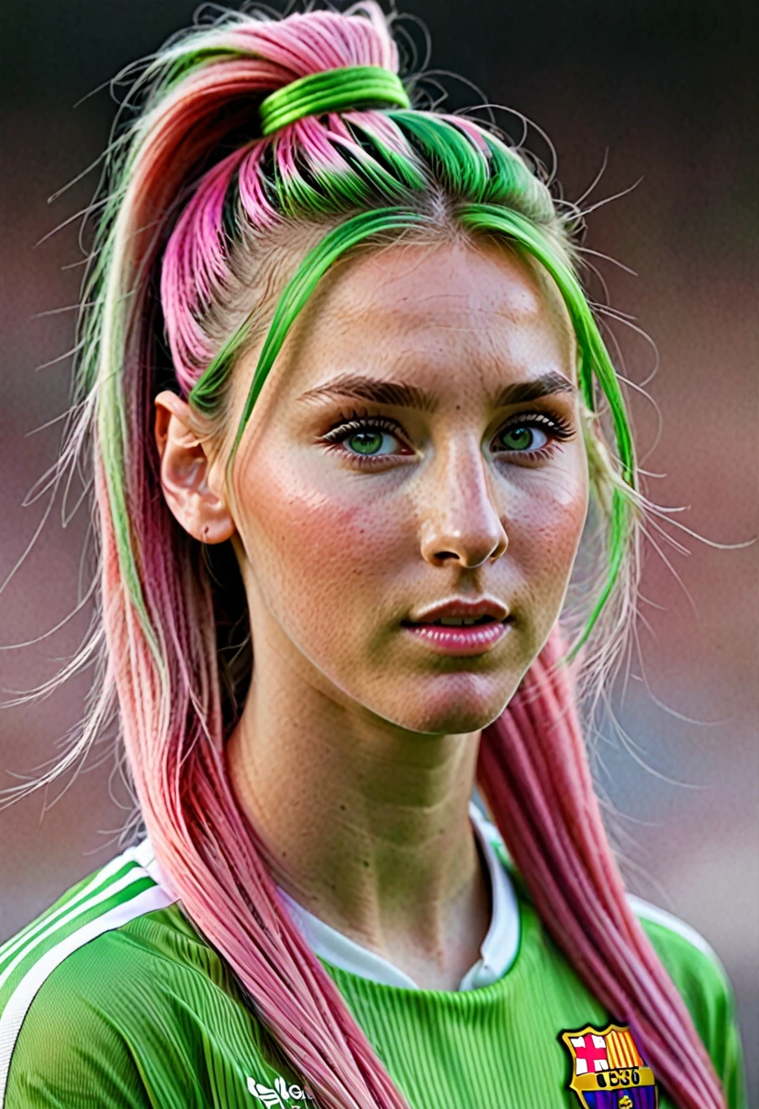 girl, beautiful green eyes, clear skin, soft makeup, long streaked green/pink hair, messi hairbun, realistic soft skin, tight body, photorealistic, realistic