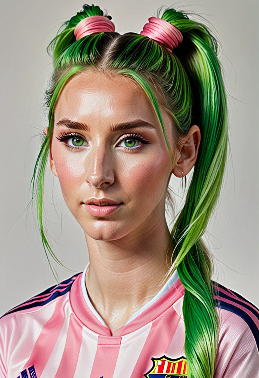 girl, beautiful green eyes, clear skin, soft makeup, long streaked green/pink hair, messi hairbun, realistic soft skin, tight body, photorealistic, realistic