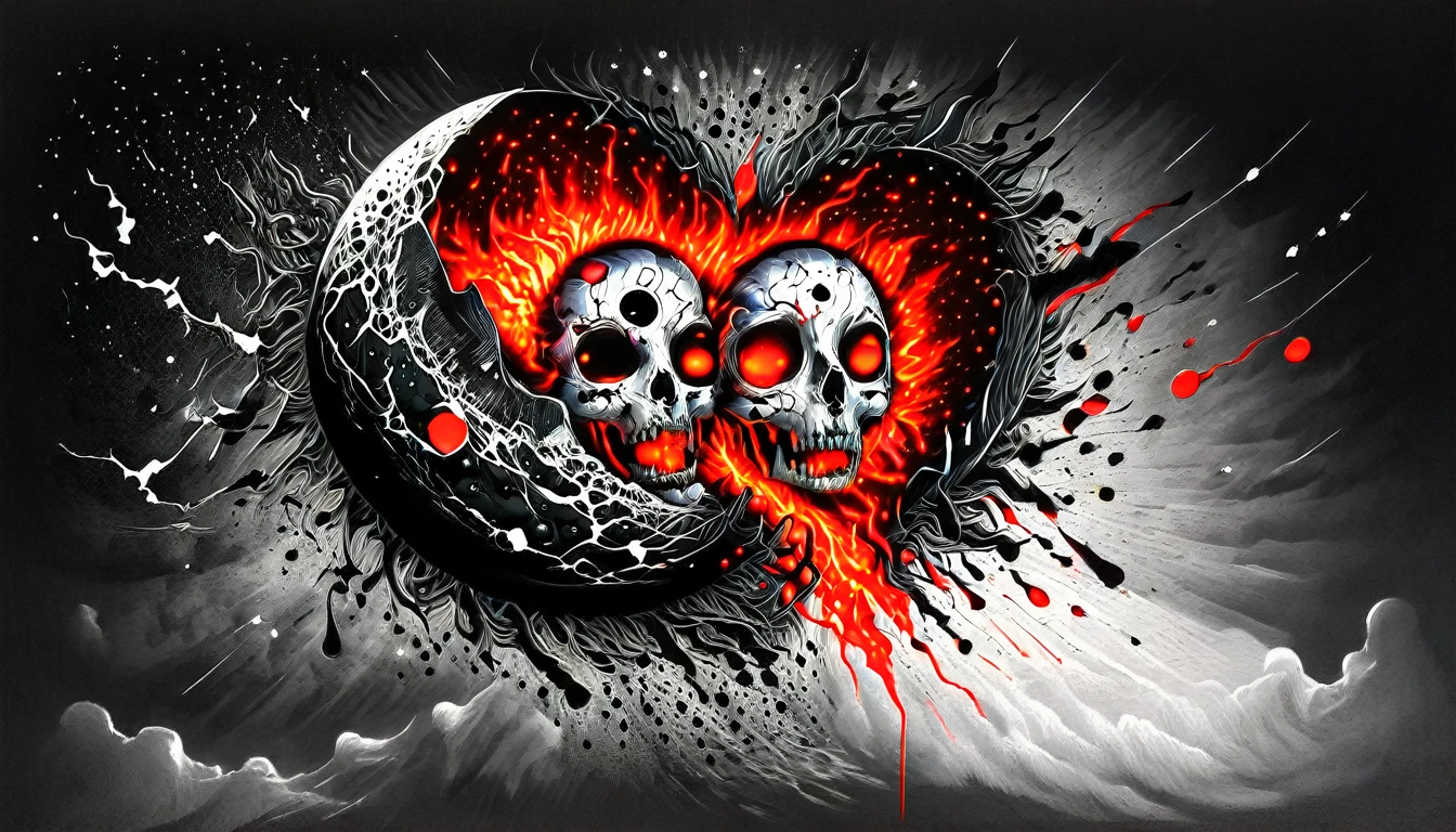 High Resolution, High Quality , Masterpiece .Hyper-realistic ink drawing with surreal colors, elements of absurdity in the style of Ross Tran featuring postal envelopes aflame as a reference to Roby Dwi Antono, letters, broken hearts, skulls, and a treble clef ascending into a starry sky, chiaroscuro lighting enhancing symbols of departed love, a moon adorned with eyes emitting an air of melancholy, atmospheric mood.