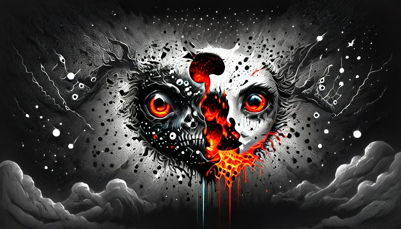 High Resolution, High Quality , Masterpiece .Hyper-realistic ink drawing with surreal colors, elements of absurdity in the style of Ross Tran featuring postal envelopes aflame as a reference to Roby Dwi Antono, letters, broken hearts, skulls, and a treble clef ascending into a starry sky, chiaroscuro lighting enhancing symbols of departed love, a moon adorned with eyes emitting an air of melancholy, atmospheric mood.