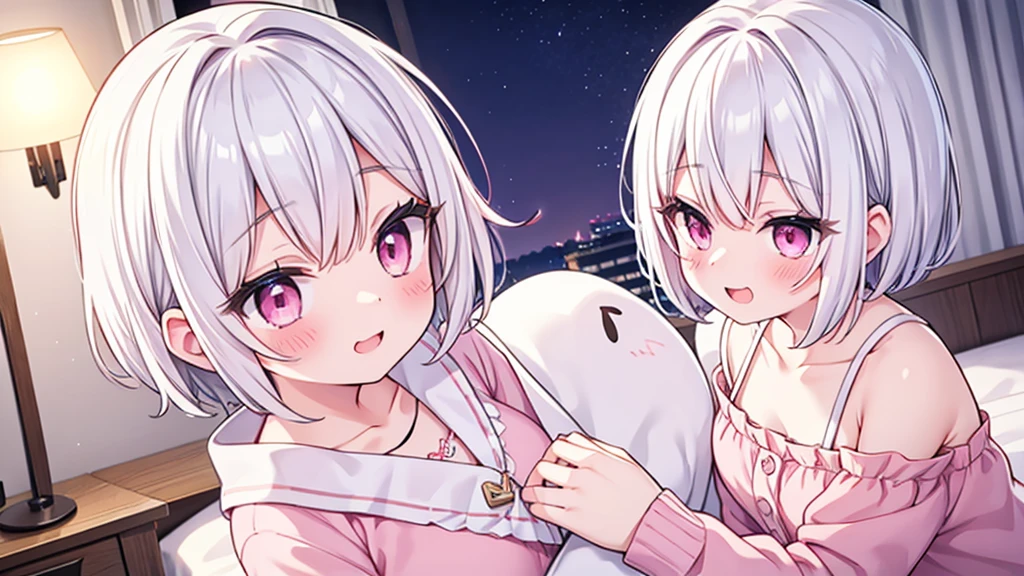 White Hair Girl、Pink Eyes、Short Hair、Only one girl、Night、In the bedroom、Blushing、laughing、Excited、Just One