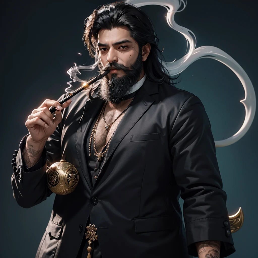Lord kaal bhairav black dense hair till the neck big beard smoking pipe