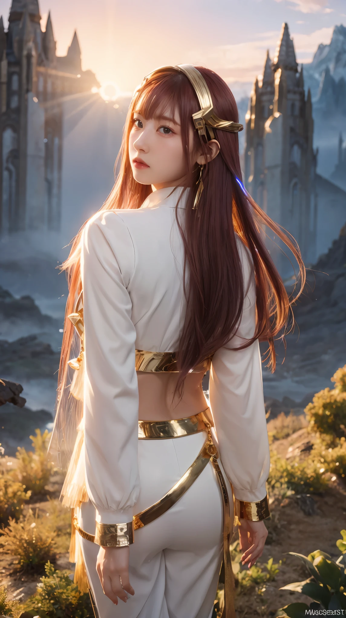 ((masterpiece, best quality, extremely detailed), volumetric lighting, ambient occlusion, colorful, glowing), 1girl, solo, young girl, (maroon hair with bangs), long hair, halo, aura, sacred, goddess, cleric suit, (white outfit with gold detailst:1.3), armor, outdoors, sunset, sky, clouds, space, (fantasy theme:1.2),