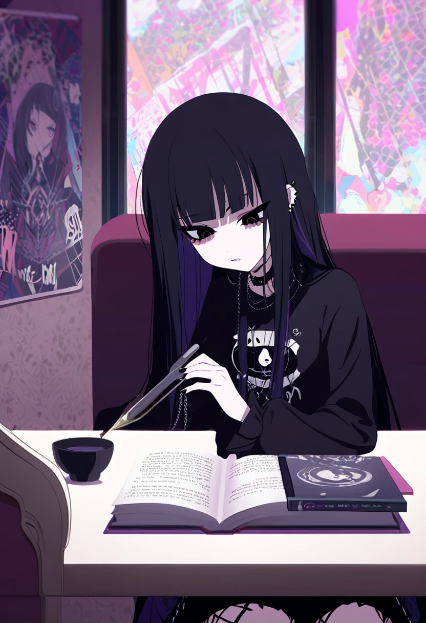 arafed girl sitting at a table with a book in front of her, female emo art student, 1 7 - year - old goth girl, goth girl, goth girl aesthetic, tall female emo art student, an emo girl, 1 7 - year - old anime goth girl, gothic girl, long black hair with bangs, she has black hair with bangs