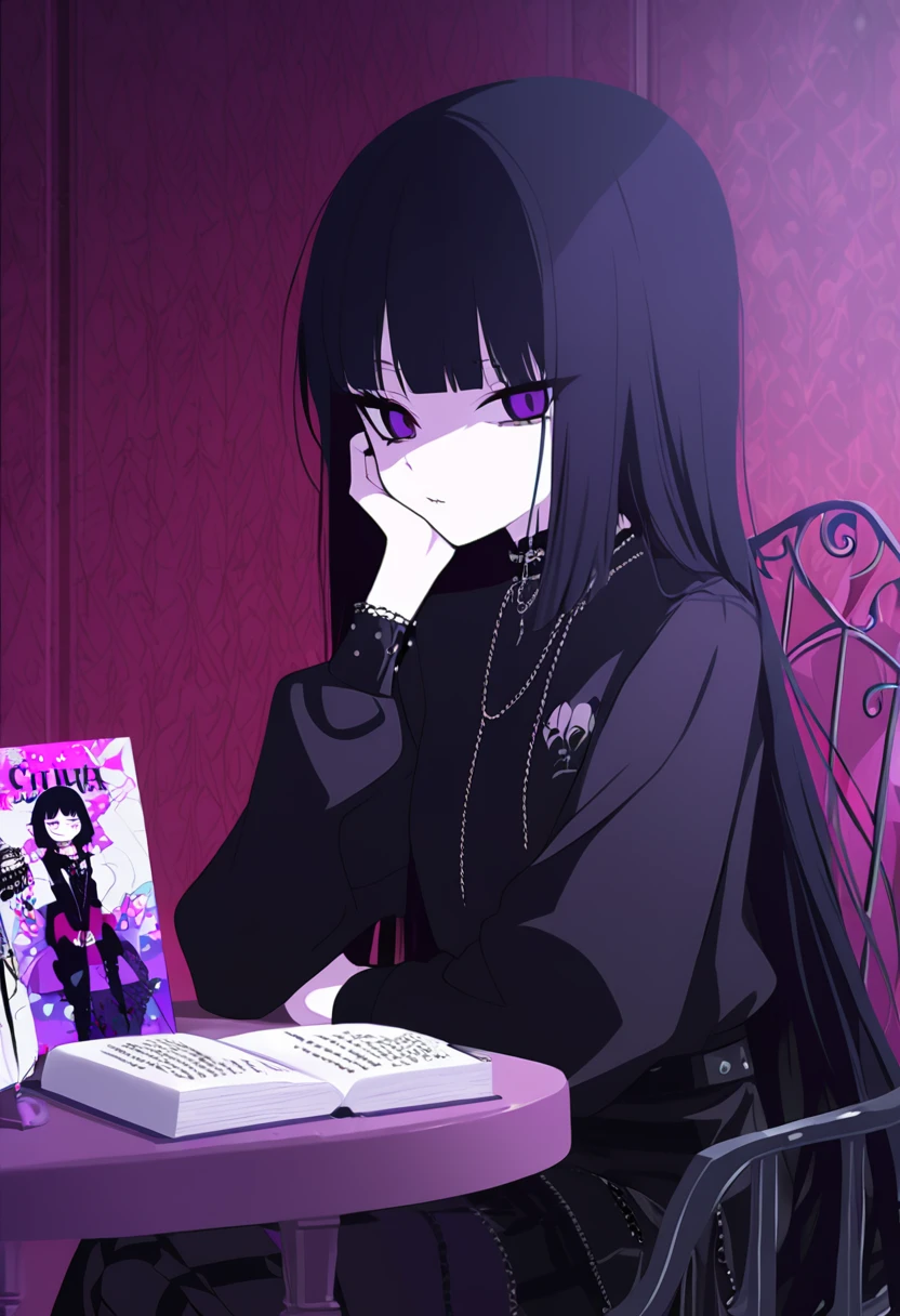 arafed girl sitting at a table with a book in front of her, female emo art student, 1 7 - year - old goth girl, goth girl, goth girl aesthetic, tall female emo art student, an emo girl, 1 7 - year - old anime goth girl, gothic girl, long black hair with bangs, she has black hair with bangs