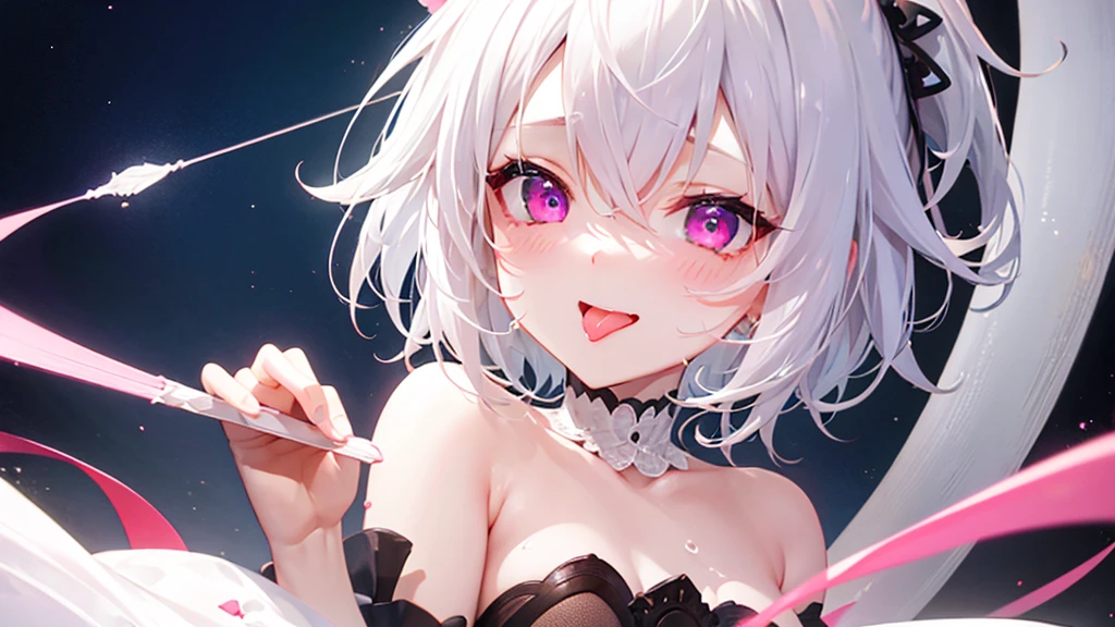 White Hair、Pink Eyes、Short Hair、laughing、Only one girl、alone、Cute、Face is close、Night、laughing、At the bed、Blushing、Erotic、Stick your tongue out、Only one person、Sweating、Excited