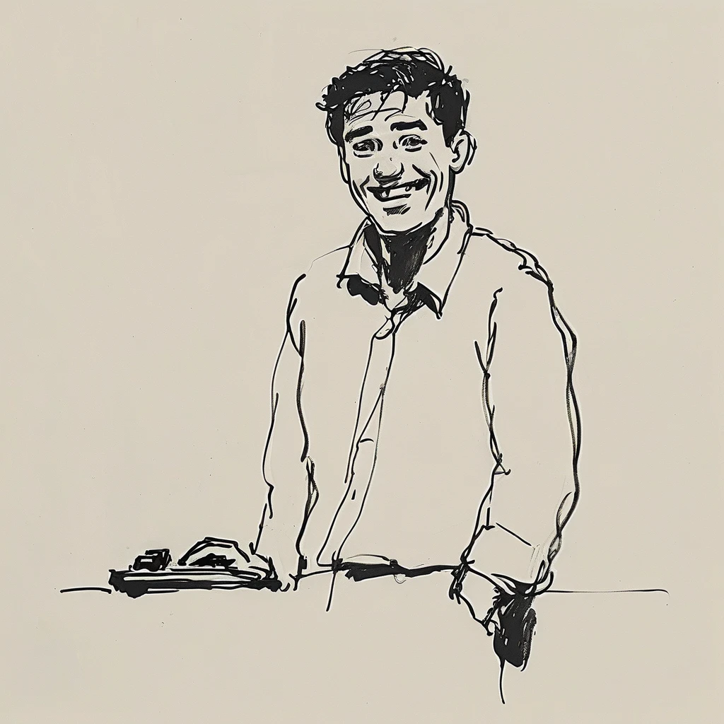 a black and white drawing of a close-up of a happy guy who replies to the office phone