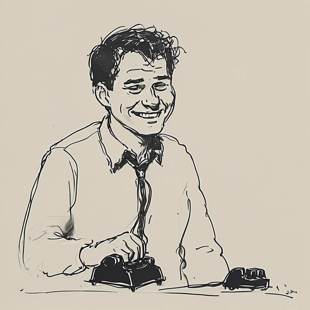 a black and white drawing of a close-up of a happy guy who replies to the office phone