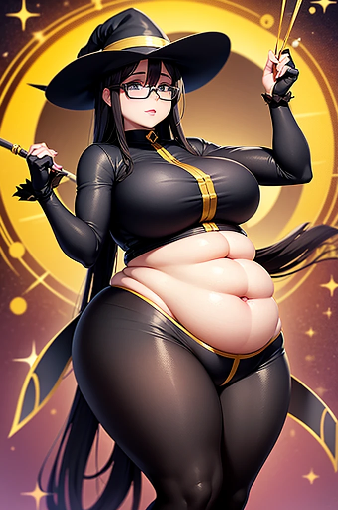 Anime character dressed in black and gold with a hat and glasses, Frivolous anime witch casting a spell, A strong and plump female magician, , chic, She has a plump, round belly, Sona is slim, Anime Moe Art Style, Cute Witch, I also make fan art, Sky Witch, Her belly is fat and round