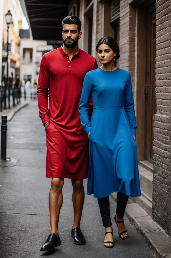 Un hombre vestido de azul y otro hombre vestido de rojo