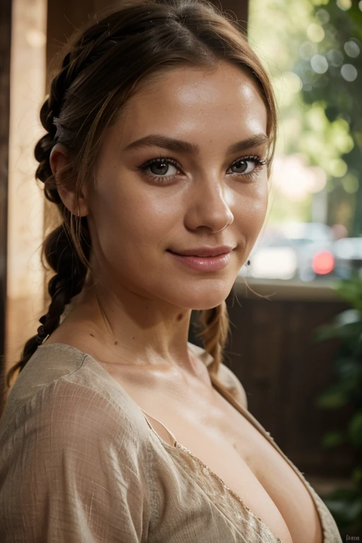 woman 27 years old, blonde, perfektes Gesicht, Meisterwerk, realistisches Aussehen, sportliche figur, 175cm tall, light tanned skin, realistische haut, charming smile, braune haare, svenska, evening, sommer, 105mm focus length, dunkle braune augen, big eyes, Beautiful eyelashes, natural makeup, very happy, laughing, oral invitation, happy, braided bun, hair pulled back, hair one side up, oral invitation, happy, braided bun, hair pulled back, hair one side up, cinematic lighting, depth of field, anatomically correct, super detail, high details, high quality, award winning, highres, accurate, retina