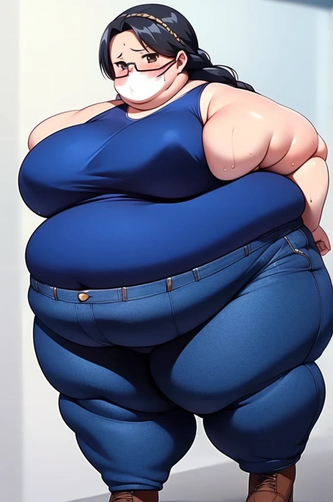 Anime Girls, Black Hair, Forehead、Braid、Glasses、Brown eyes, Very fat、Chubby、Voluptuous、obesity、Double chin、Cheek、Fat-covered neck、Big Breasts、Thick upper arms、Denim jumpsuit、Jumper、Sweat、blush