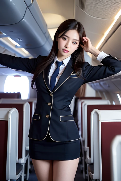 Top Quality, Masterpiece, 8K, Ultra High Definition, (Photorealistic: 1.4), 1 Girl, Beautiful Face, Symmetrical Eyes, Big, Perfect Body Proportions, Stewardess Uniform, Viewer's Look, (Inside the Airplane: 1.2), Front View, Shoulder Jump, Absolute Area (1.3), bokeh