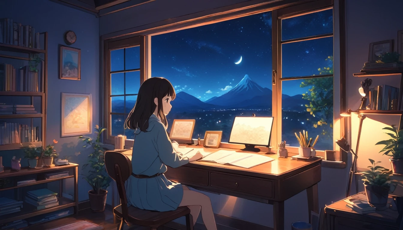 Ghibli style, A girl studying alone at a desk, Night view from the room, A dreamy look outside the window, Cute girl in anime style, Relax in your room, A room filled with warm light
