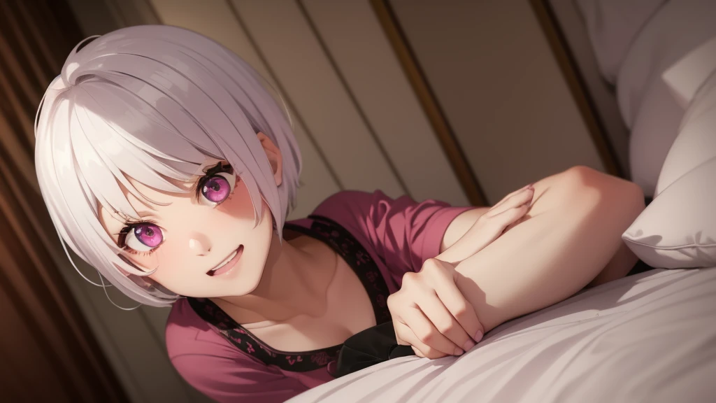 White Hair Girl、Pink Eyes、Short Hair、Only one girl、Night、In the bedroom、Blushing、laughing、Excited、Just One
