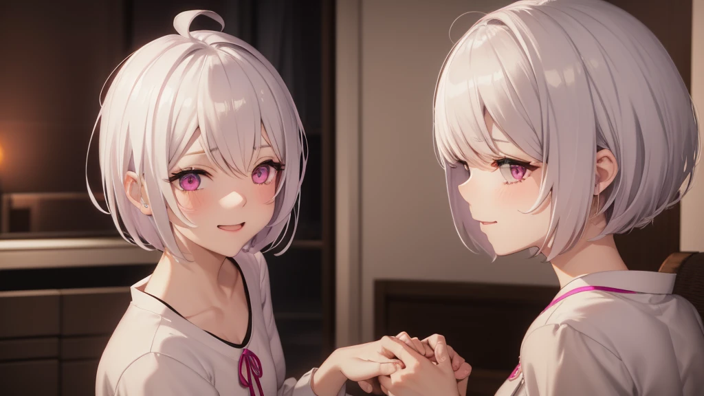 White Hair Girl、Pink Eyes、Short Hair、Only one girl、Night、In the bedroom、Blushing、laughing、Excited、Just One