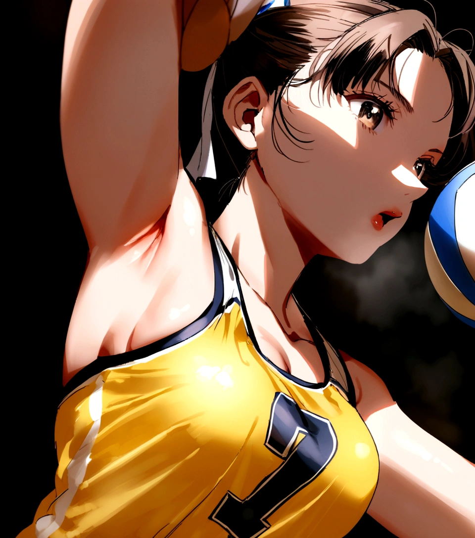 There is a woman holding a volleyball ball in her hands, Gym Chun-Li, Wearing a volleyball jersey, mayuri shiina, Underarm, Shot with the Nikon Z9, For whom?, Chiho, Sports bra and shirt, Asuka, Portrait Shot, Shot with Canon EOS R 6, mao hamaguchi, Young Gravure Idol