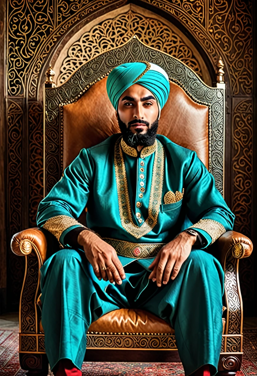 arafed man in turban sitting in a chair with a leather seat, ottoman sultan, inspired by SULEIMAN magnificent, ornate turban, portrait of a medieval old king, mogul khan, portrait shot, portrait of medieval old king, epic and classy portrait, inspired by Altoon Sultan, inspired by Hedi Xandt, portrait of bedouin d&d